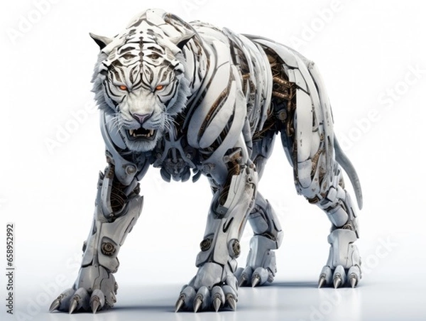 Fototapeta A frightening futuristic killer cyborg tiger full body view isolated on white