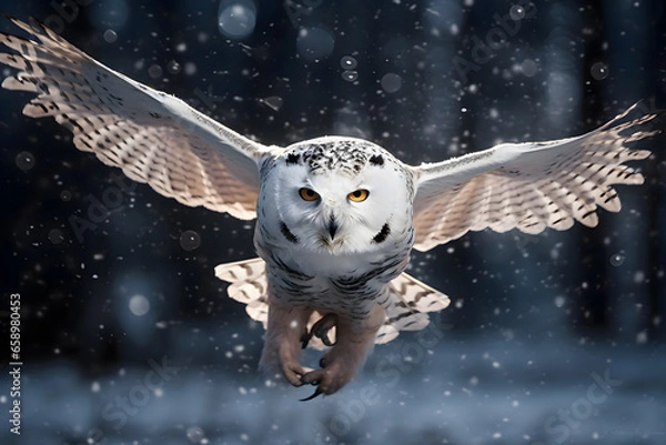 Fototapeta A regal snowy owl in flight, against a backdrop of falling snowflakes. Photo of a predator on the hunt