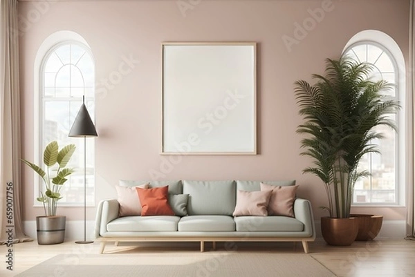 Fototapeta mockup frame in living room with sofa. vertical frame mockup