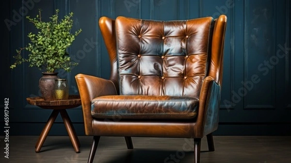 Fototapeta A beautiful and stylish brown leather armchair. Generative AI