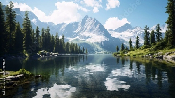 Fototapeta A serene mountain lake surrounded by majestic pine trees