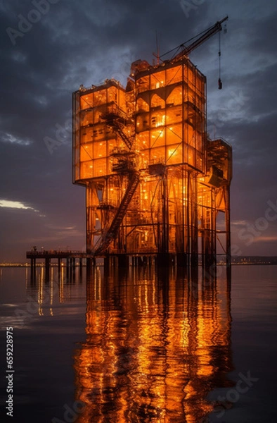 Fototapeta Embrace the industrial beauty of an oil rig with a crane at sunset, in the style of radiant sunrays casting a breathtaking silhouette Created with generative AI tools.