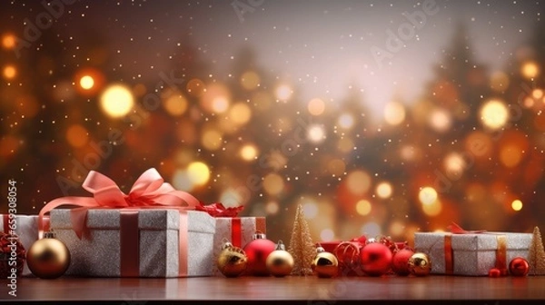 Fototapeta Christmas decoration gifts and bokeh background ,ai generated