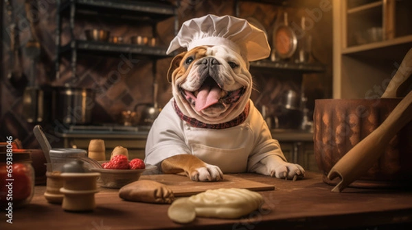 Fototapeta Cute British bulldog in a chef's hat cooks in the kitchen