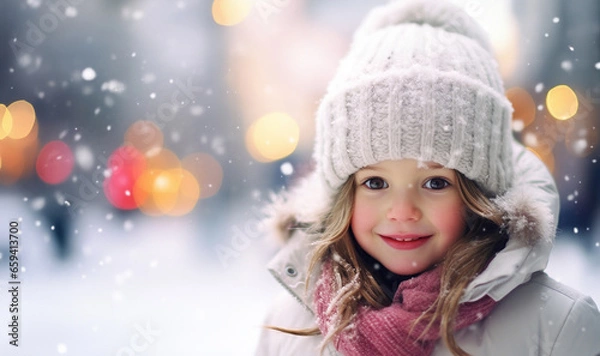 Fototapeta Magical fairy tale winter landscape with snow fall. Outdoor close up photo of young beautiful happy smiling girl walking on street. Wearing stylish white knitted winter hat and gloves. Copy, empty 