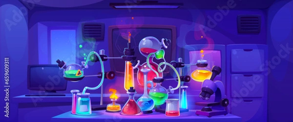 Fototapeta Night chemistry laboratory with experiment equipment cartoon background. Science research lab in school with microscope and beaker for physics education and analysis. Liquid potion glow with steam