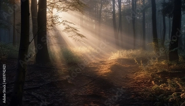 Fototapeta Tranquil scene of autumn forest, mystery in foggy wilderness generated by AI