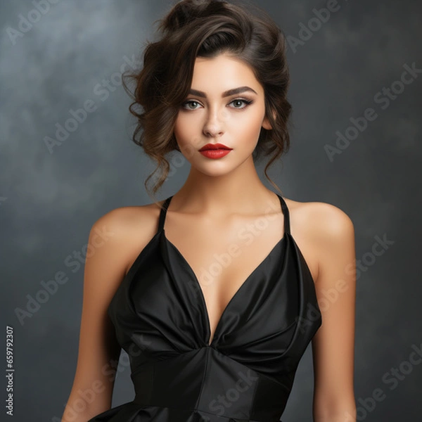 Fototapeta Fashion Model Black Dress. Beautiful Woman open Neckline in Gown, ai technology