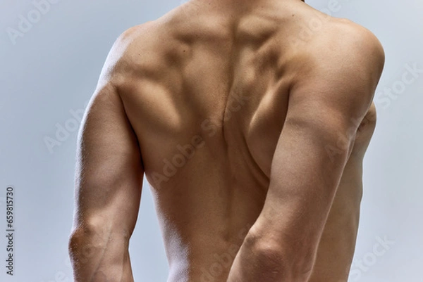 Fototapeta Cropped close up photo of muscles of young athletics man, male model posing shirtless isolated over grey studio background. Muscular build back.