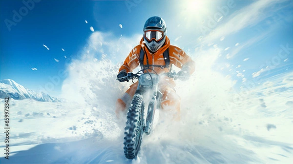 Fototapeta Motorcyclist riding bike in heavy snow, sport, hobby, healthy life style concept