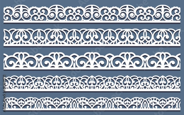 Fototapeta Lace pattern elements. Vintage seamless figured lace borders, beautiful wedding lace decoration. Black lace borders vector illustration set. Seamless black gorgeous stripe, delicate simple pattern