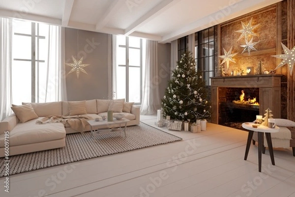 Fototapeta New year tree in scandinavian style interior with christmas decoration. 3D Render