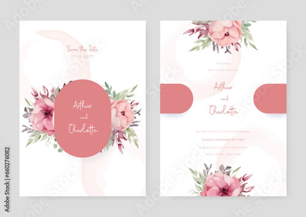 Fototapeta Pink peony set of wedding invitation template with shapes and flower floral border