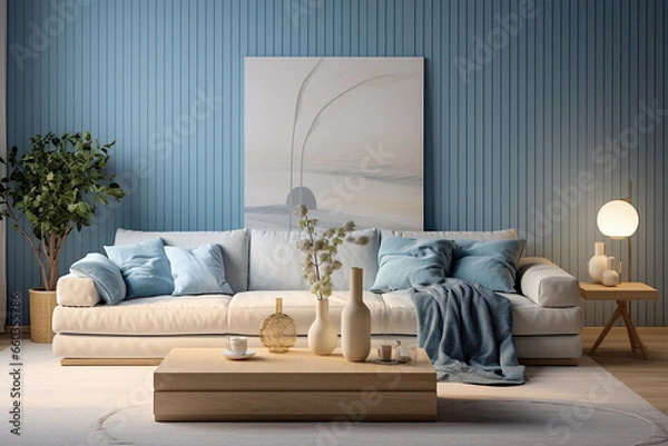 Fototapeta Modern living room with beige, white and blue colors. Minimalistic cozy design with sofa