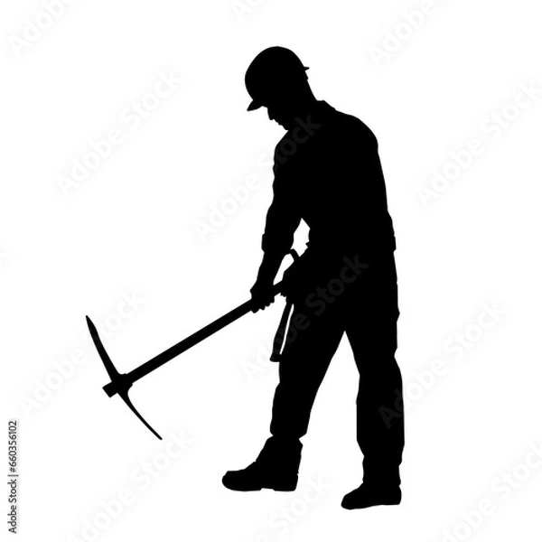 Fototapeta Silhouette of a man in worker costume carrying pick axe tool in action pose.