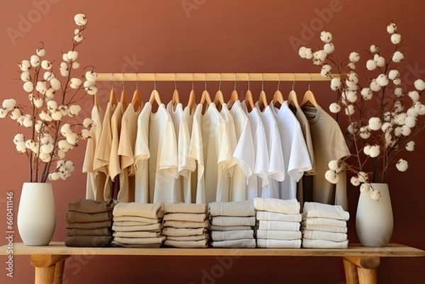 Fototapeta Choice of fashion natural cotton shirt of different colors on wooden hangers on brown background. Reduce Reuse Recycle concept. Horizontal photo.