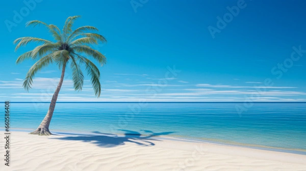 Fototapeta Palm tree on a paradise beach with white sand and crystal-clear turquoise water, ideal retreat