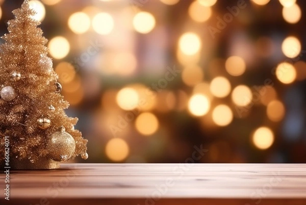 Fototapeta Empty wooden table with Christmas tree in background, perfect for showcasing your products or designs.