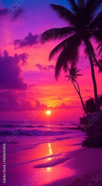 Fototapeta sunset on the beach, sunset over the sea, tropical sunset with trees