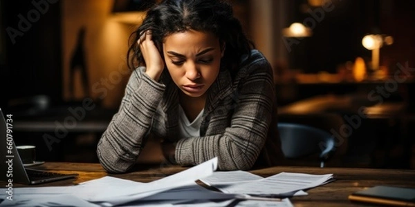 Fototapeta stressed young woman is reviewing her bills, generative AI