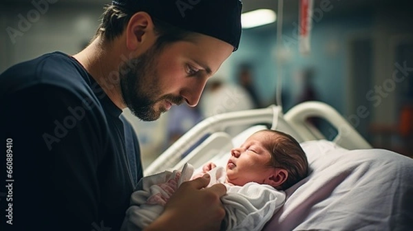 Fototapeta Family and care: portrait of a one - day - old newborn, moments of delicate health care recorded in the hospital, touching moments, birth, development, new life,