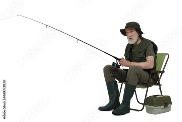 Obraz Fisherman with rod and tackle box on chair on white background