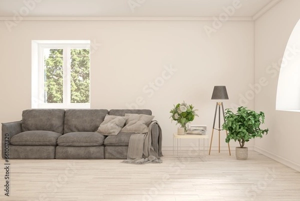 Fototapeta Modern interior concept with sofa and summer landscape in window. 3D illustration