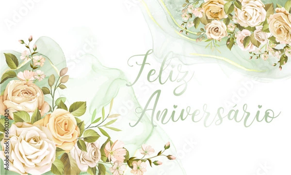 Fototapeta Cartão ou banner para desejar feliz aniversário em verde com flores na parte superior e inferior nas cores salmão e bege sobre fundo marmorizado verde e branco