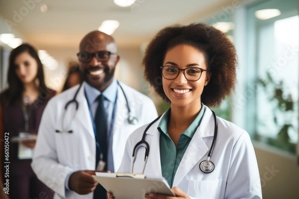 Fototapeta Doctors smiling, Afro American medical team with medical stethoscopes and coats, blur hospital background