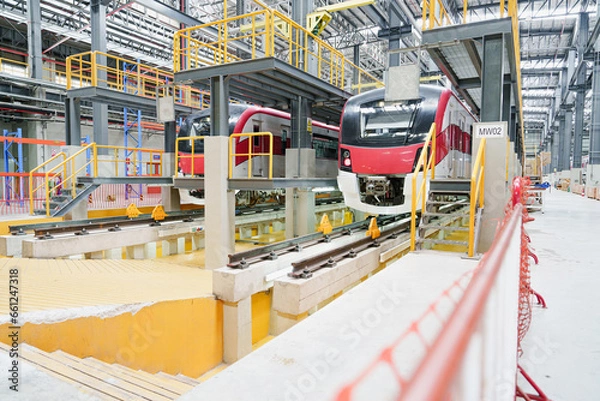 Fototapeta Maintenance plant of sky train. Locomotive repair plant red line train bang sue grand station in Bangkok Thailand. Public modern clever railway track transportation and transport or commuter transport