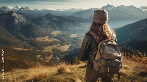 Fototapeta Young female photographer in photo from behind with dslr camera in the mountains