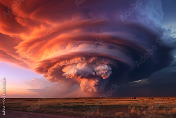 Fototapeta Beautifully structured supercell thunderstorm, sunset sky.