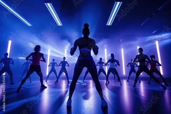 Fototapeta Energetic fitness: Group engaged in fervent high-intensity drills, enhanced by vivacious lighting