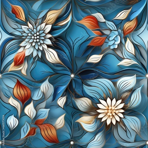 Obraz A painting of flowers and leaves on a blue background. Imaginary AI seamless floral pattern.