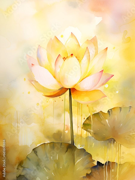 Fototapeta Watercolor illustration of yellow lotus flower, abstract background 