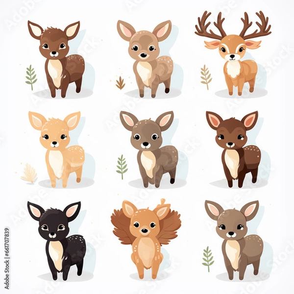 Fototapeta Cute cartoon deer set. Vector illustration in flat style. Animal collection.