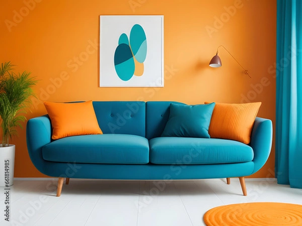 Fototapeta Colorful living room, modern shape sofa Beautiful, brightly colored walls make it lively.