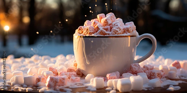 Fototapeta Close-up of a marshmallow falling into a cup of hot cocoa and making a splash. Movement and snowy landscape in the background. Generative AI