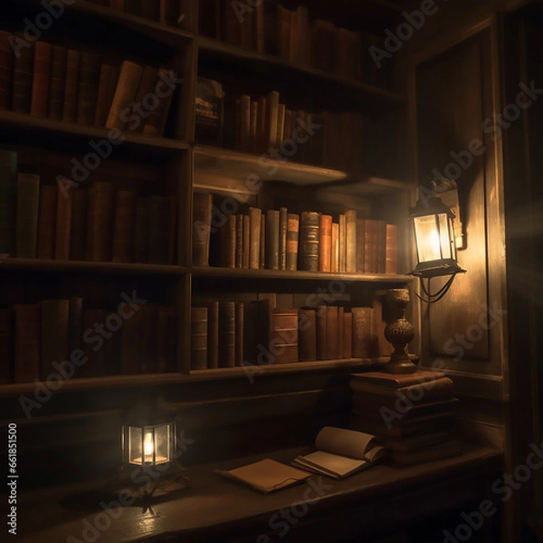 Fototapeta books in a old looking libary with a small lamp on the right 