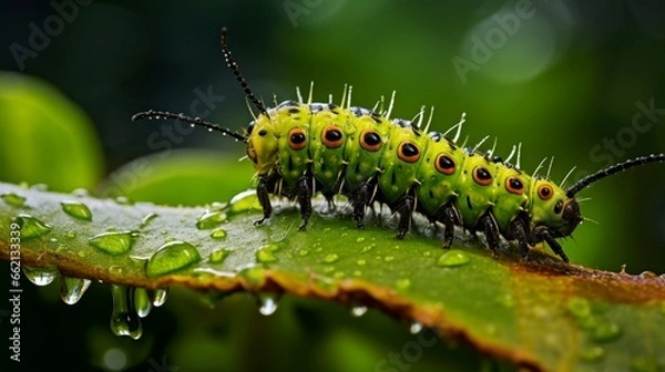 Fototapeta Caterpillar munching on a leaf inch by inch