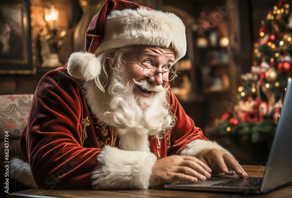 Fototapeta santa claus is sitting in front of the computer, laughing his head off, christmas, winter, presents,