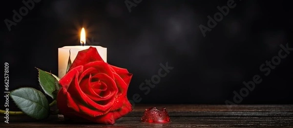 Fototapeta Midnight setting with a red rose and tealight candle With copyspace for text