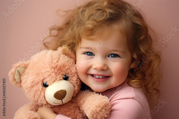 Obraz Beautiful little girl of about 4 years old, smiling, wearing pink winter pajamas smiles while hugging her teddy bear. image that evokes tenderness, childhood, peace.