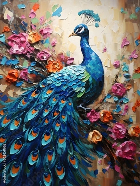 Fototapeta This painting, created with a palette knife, beautifully captures the joyful celebration of nature in the mesmerizing colors and intricate feathers of a peacock.