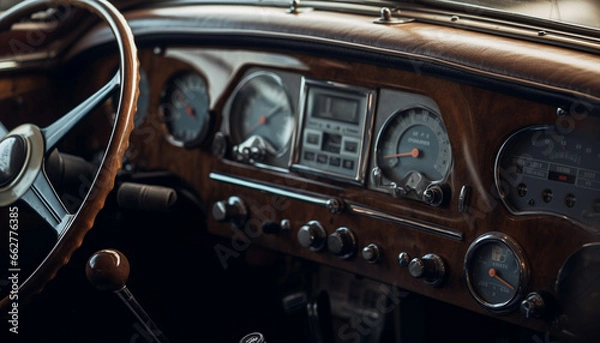 Fototapeta Vintage sports car dashboard chrome elegance, shiny gauge control panel generated by AI