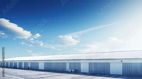 Fototapeta Factory warehouse and industrial concept - Wall and roof of Factory or warehouse building in industrial estate with blue sky and copyspace