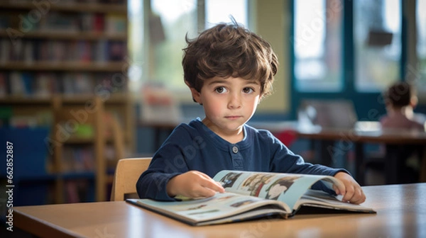 Fototapeta A little boy preschooler reading a book sitting at his desk in the classroom