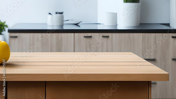 Fototapeta Empty wooden table and blurred kitchen background