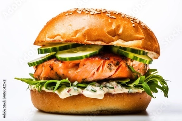 Fototapeta Close-Up of The Gourmet Experience Burger: Featuring a Succulent Salmon Patty, Lemon-Dill Mayo, Crisp Cucumber Slices, and Fresh Watercress on a Whole Wheat Roll, Isolated on a White Background