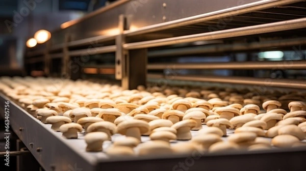 Obraz Mushrooms, Production of mushrooms on conveyor belt in factory, Concept with automated food production.